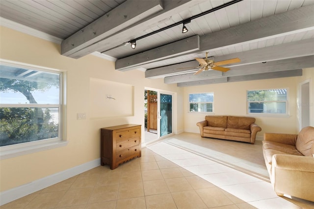 living room featuring beamed ceiling, ceiling fan, light tile patterned flooring, and rail lighting