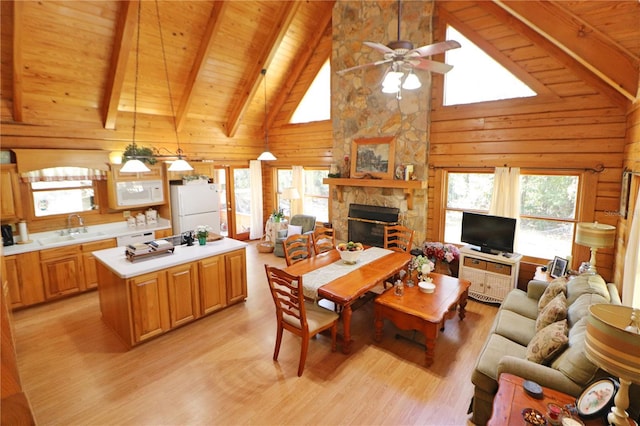 interior space featuring sink, beam ceiling, light hardwood / wood-style flooring, high vaulted ceiling, and a stone fireplace