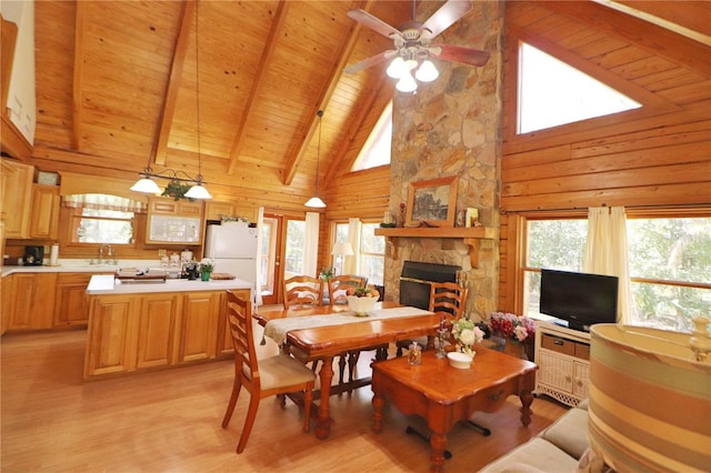 dining room featuring high vaulted ceiling, sink, a fireplace, beamed ceiling, and wood ceiling