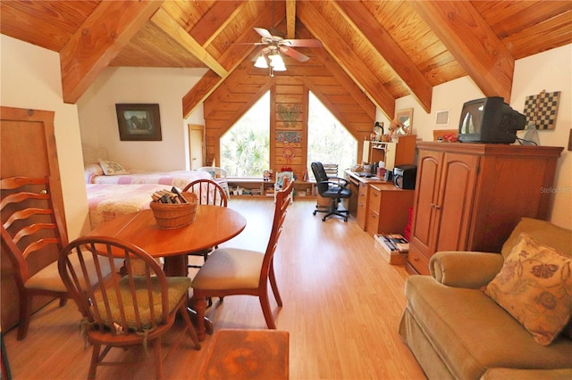 dining room featuring ceiling fan, wooden ceiling, lofted ceiling with beams, and light wood-type flooring