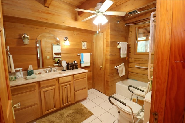 bathroom with wood ceiling, vanity, ceiling fan, wooden walls, and tile patterned flooring