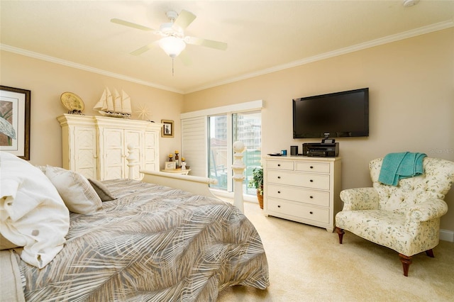 bedroom featuring ceiling fan, ornamental molding, and light carpet