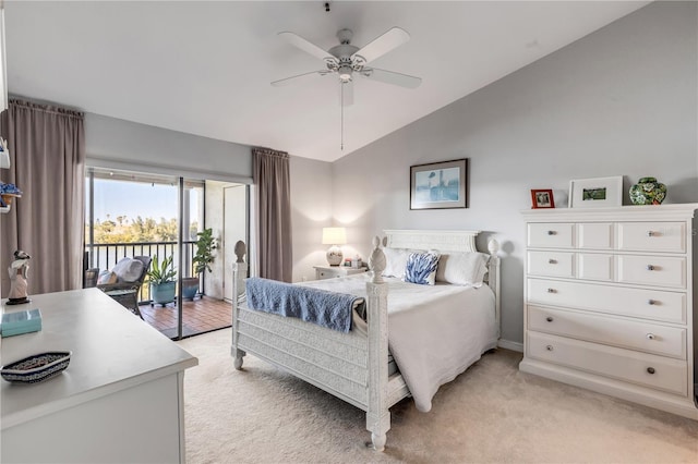 bedroom with light carpet, access to outside, vaulted ceiling, and ceiling fan