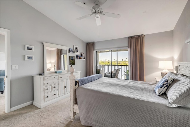 bedroom with ceiling fan, light carpet, and vaulted ceiling