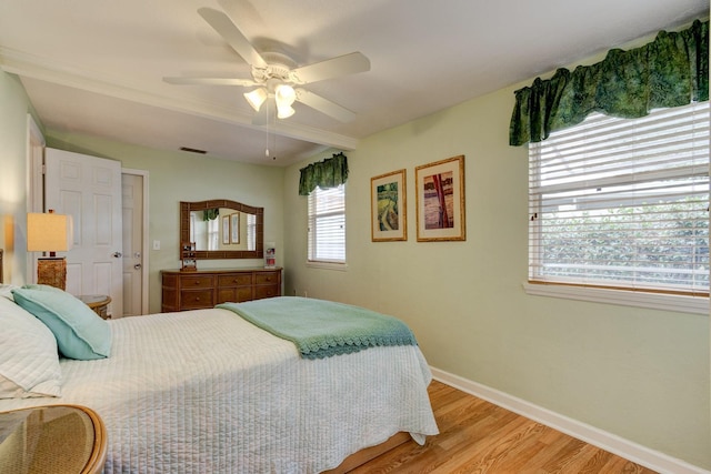 bedroom with light hardwood / wood-style floors and ceiling fan