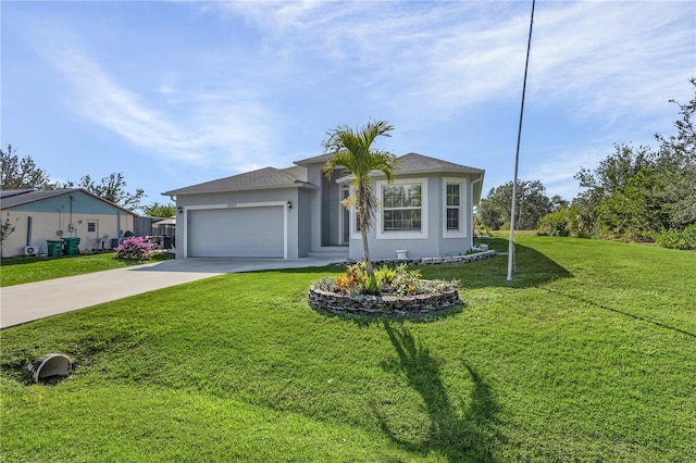 ranch-style house with a garage and a front lawn