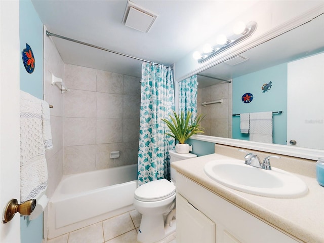 full bathroom with toilet, shower / bathtub combination with curtain, tile patterned floors, and vanity