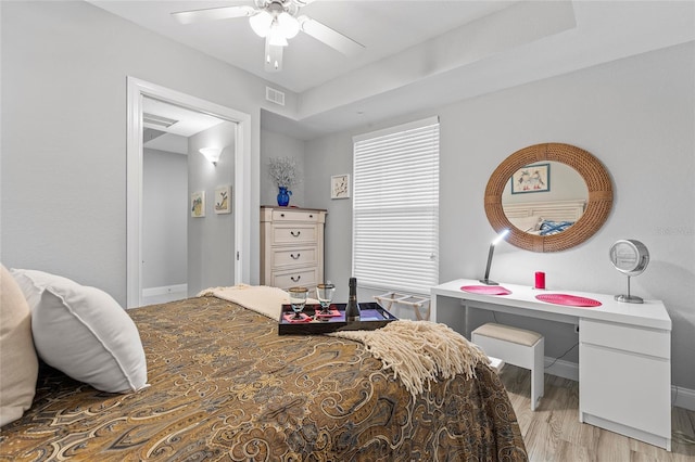 bedroom featuring ceiling fan and light wood-type flooring