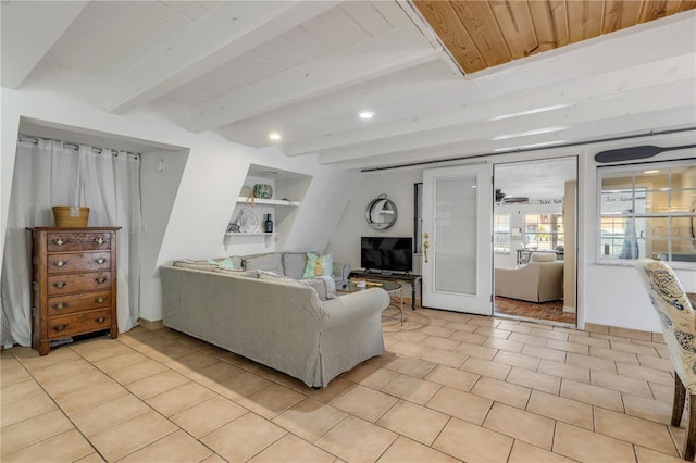 living room with wood ceiling, ceiling fan, beam ceiling, built in features, and light tile patterned flooring