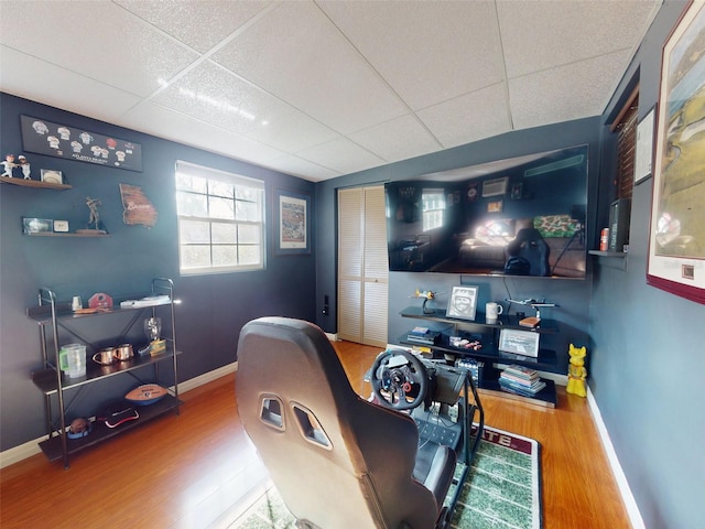 home office featuring a drop ceiling and hardwood / wood-style flooring