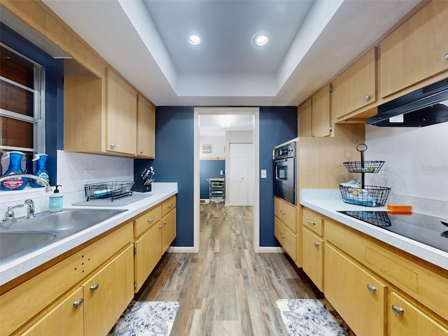 kitchen with black appliances, sink, a tray ceiling, tasteful backsplash, and light hardwood / wood-style floors