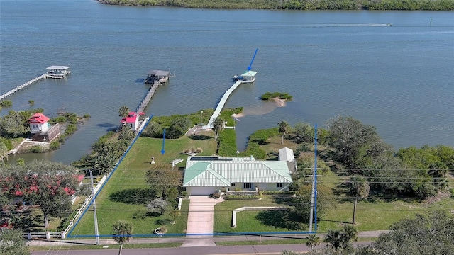 drone / aerial view featuring a water view