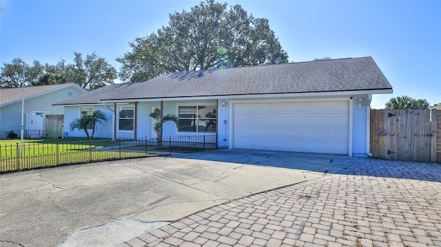 ranch-style home featuring a garage and a front lawn