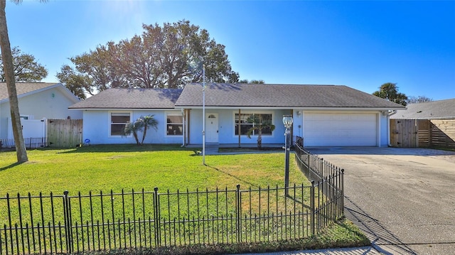 ranch-style home with a garage and a front yard