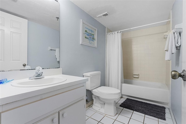 full bathroom featuring toilet, vanity, tile patterned floors, and shower / bathtub combination with curtain