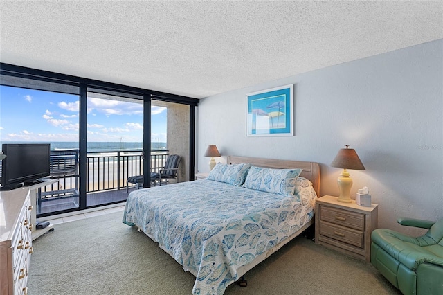 bedroom featuring access to exterior, light carpet, a textured ceiling, and a wall of windows