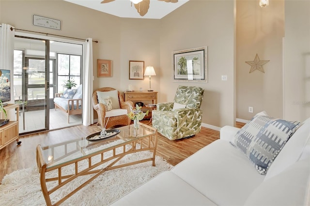 living room with ceiling fan and wood-type flooring