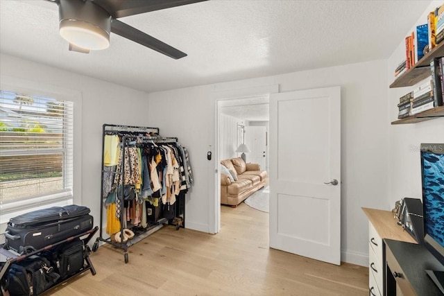 spacious closet with ceiling fan and light hardwood / wood-style flooring