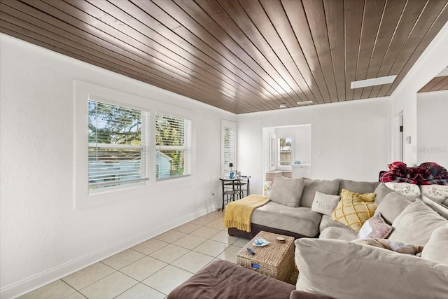 tiled living room featuring wooden ceiling