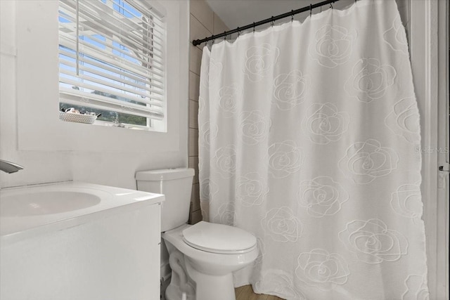 bathroom featuring vanity, toilet, and curtained shower