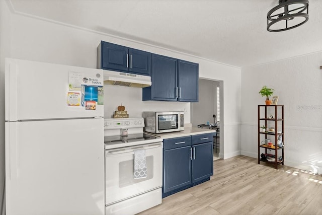 kitchen with blue cabinetry, white appliances, and light hardwood / wood-style floors