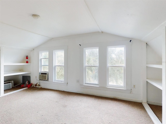 bonus room with lofted ceiling, carpet flooring, a wealth of natural light, and built in features