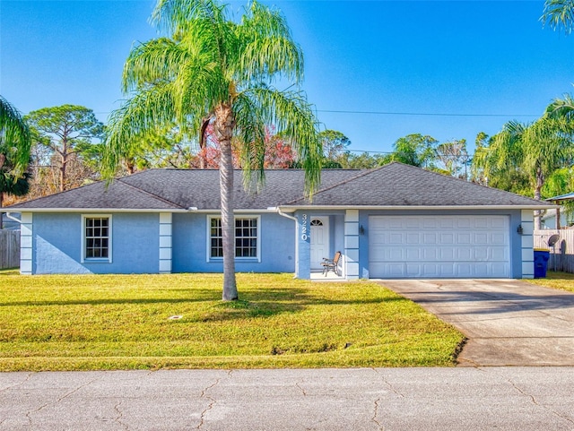 single story home featuring a front lawn and a garage