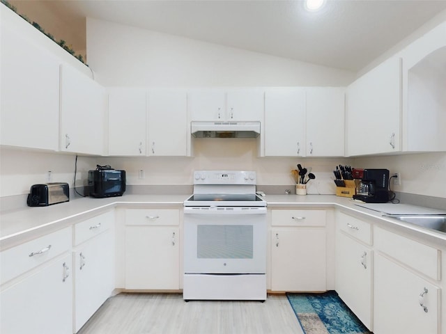 kitchen with white cabinetry, lofted ceiling, and white range with electric cooktop