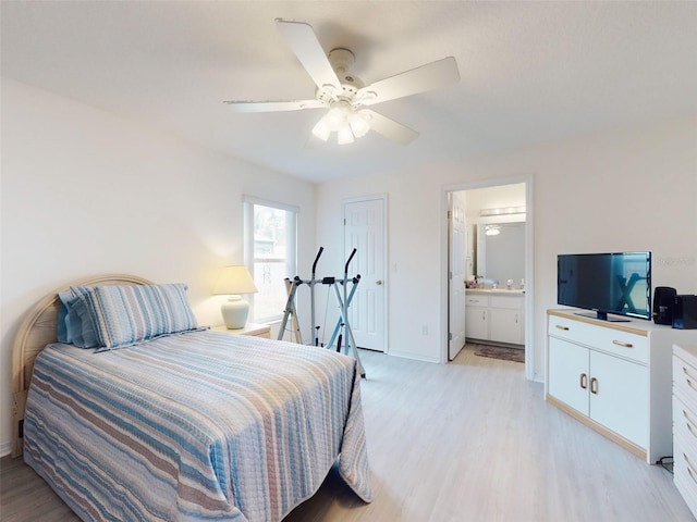 bedroom with ceiling fan, light hardwood / wood-style floors, and ensuite bath