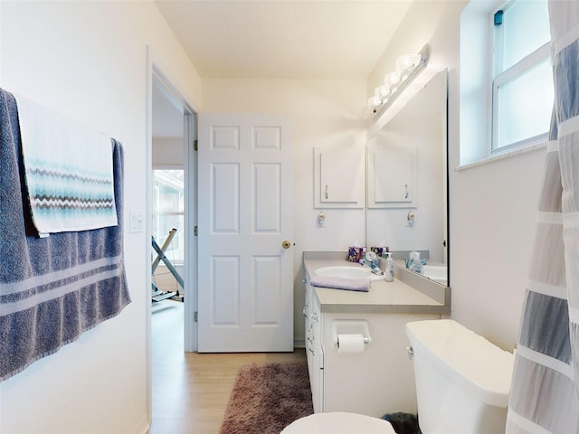 bathroom with toilet, hardwood / wood-style floors, and vanity