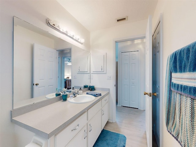 bathroom with ceiling fan, vanity, and wood-type flooring