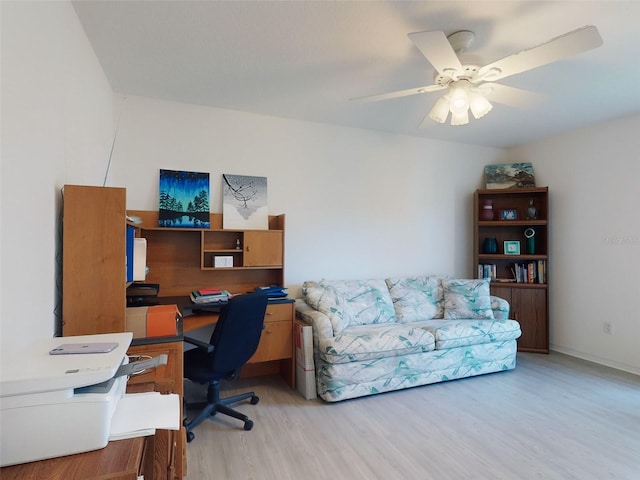 office area featuring ceiling fan and light hardwood / wood-style floors