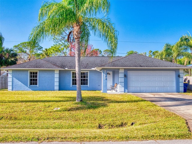 single story home featuring a garage and a front lawn