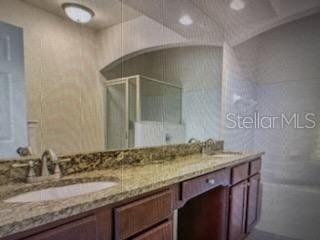 bathroom with walk in shower and vanity