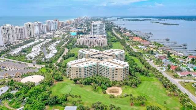 drone / aerial view featuring a water view