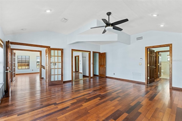 unfurnished room with lofted ceiling, french doors, dark hardwood / wood-style flooring, and ceiling fan