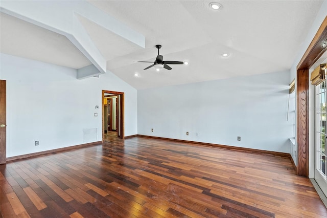 interior space featuring ceiling fan, dark wood-type flooring, and lofted ceiling