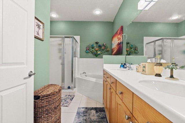 bathroom with plus walk in shower, a textured ceiling, and tile patterned flooring