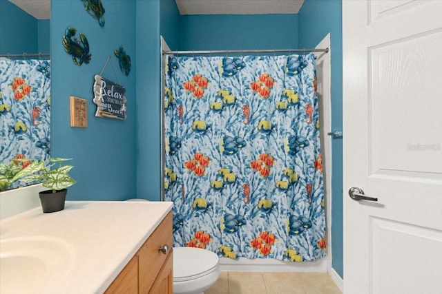 bathroom with tile patterned floors, a shower with curtain, a textured ceiling, and toilet