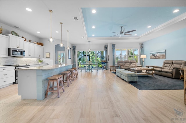 kitchen featuring pendant lighting, a raised ceiling, a large island, white cabinets, and appliances with stainless steel finishes