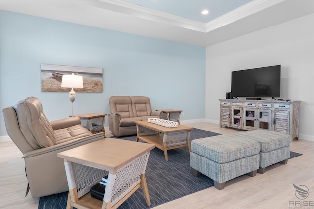 living room featuring a tray ceiling