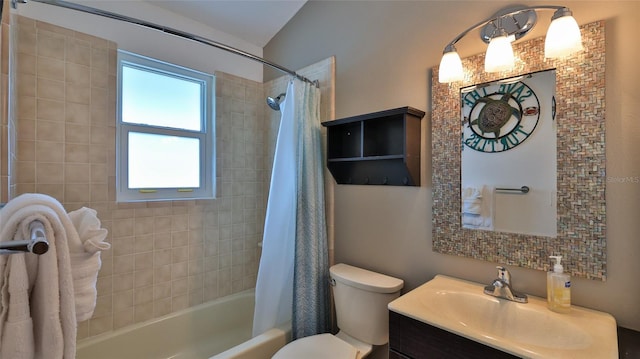 full bathroom with toilet, shower / tub combo with curtain, and vanity