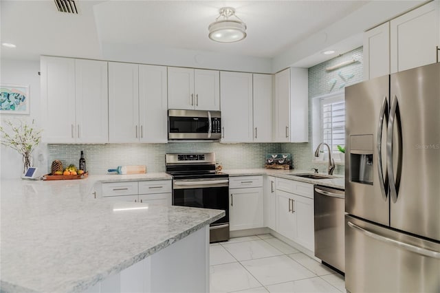 kitchen featuring tasteful backsplash, appliances with stainless steel finishes, sink, and white cabinets