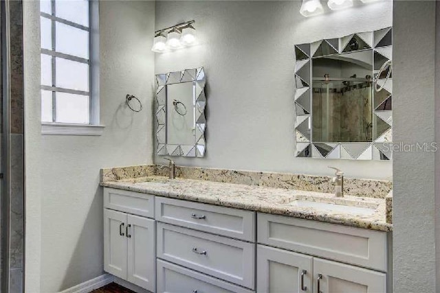 bathroom with walk in shower and vanity