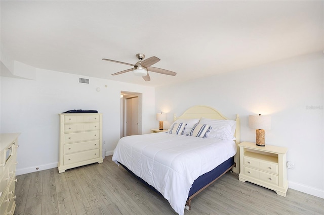 bedroom with ceiling fan and light hardwood / wood-style flooring