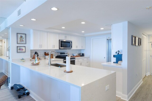 kitchen featuring kitchen peninsula, stainless steel appliances, a tray ceiling, and white cabinets