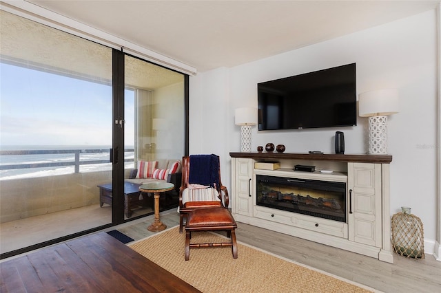 sitting room with a wall of windows, light hardwood / wood-style flooring, and a water view