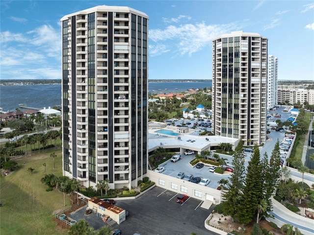 view of building exterior featuring a water view