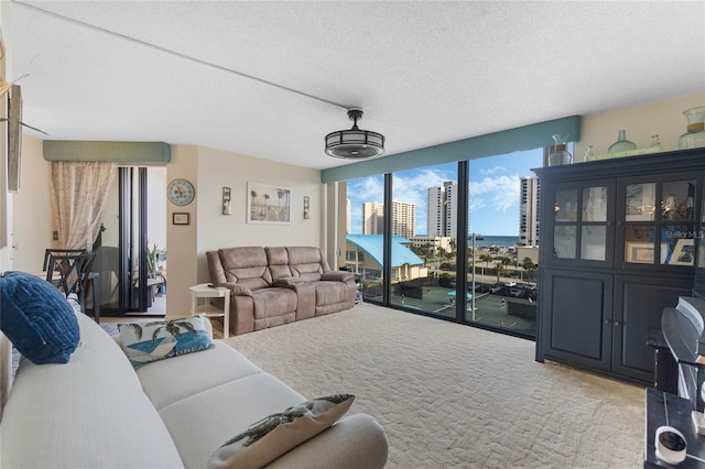 carpeted living room featuring a textured ceiling