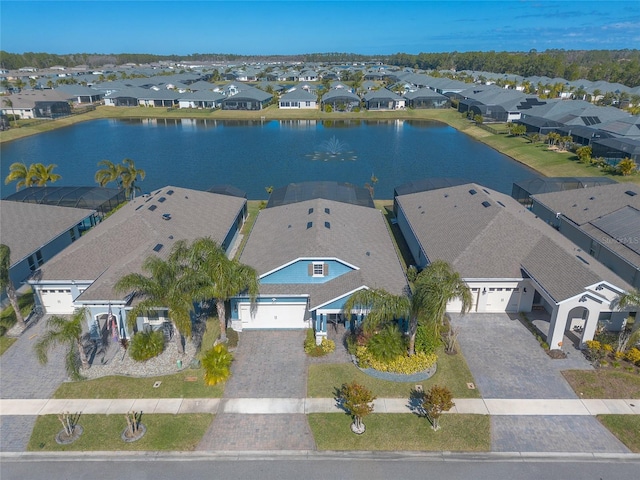 drone / aerial view featuring a water view